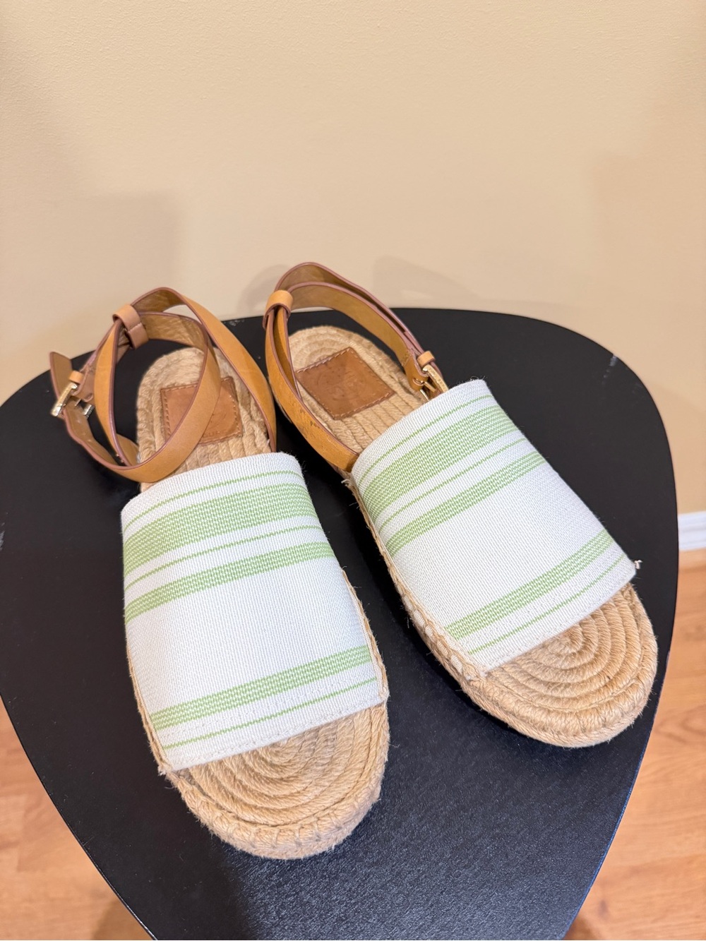 Tory Burch coastal green striped canvas ankle-strap sandals US6.5